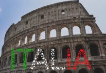 facciata del Colosseo e scritta Italia