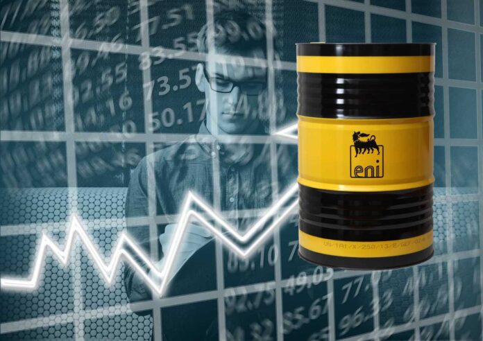 grafico di trading e barile greggio con brand Eni