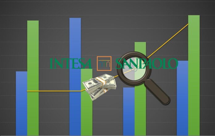 grafico, dollari e logo Intesa Sanpaolo