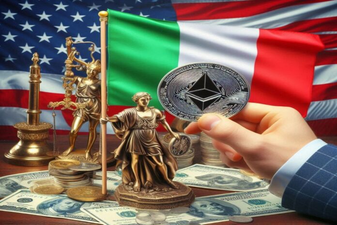 bandiera Usa e Italia con uomo che ha in mano un Ether