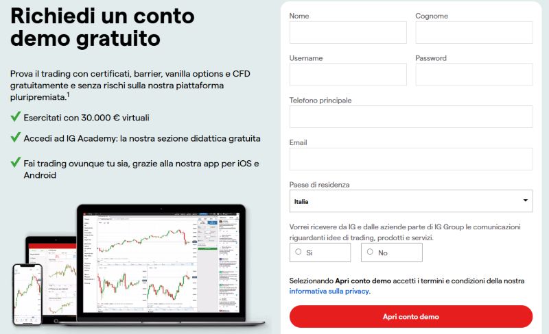 form per l'apertura del conto demo IG